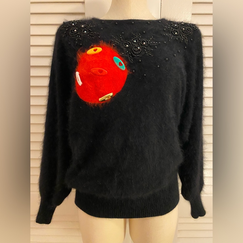 Vintage Retro Black Beaded Scoop Neck Sweater with Red Pom Accent